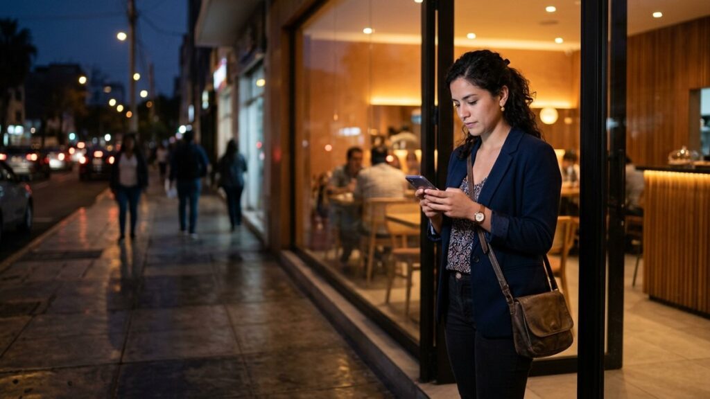 Cliente dejando una reseña en Google desde su celular después de una mala experiencia en un local